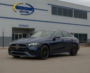 Mercedes-sedan-dark-blue-at-Gold-Coast-Auto-Body-Goose-Island-Chicago